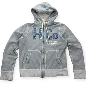 Y2K Hollister Hoodie Men's Large Gray Zip Up Fleece Embroidered HCO Surf Champ